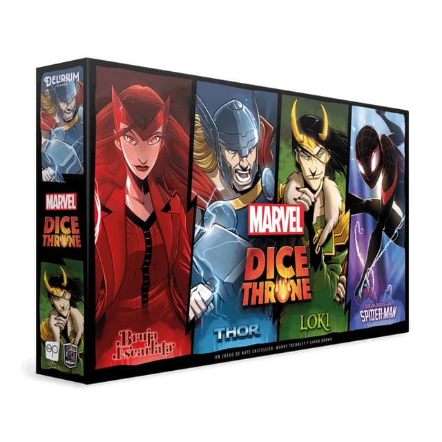 Portada de Dice Throne Marvel Caja 1 (Bruja Escarlata, Thor, Loki y Spider-Man) + Correcciones